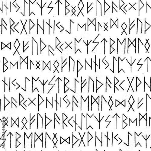 Runic seamless pattern  black white runes - Scandinavian gothic folk art. Ethnic Norwegian Icelandic background. Runes of the Vikings. Magic and magical Pagan signs. Futhark. 