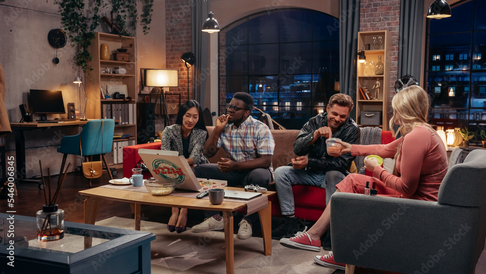 Obraz premium Television Sitcom Concept. Four Diverse Friends having Fun in Living Room. Funny Sketch of One Couple Eating Pizza the Other Dieting. Comedy Series Broadcasting on Network Channel, Streaming Service.