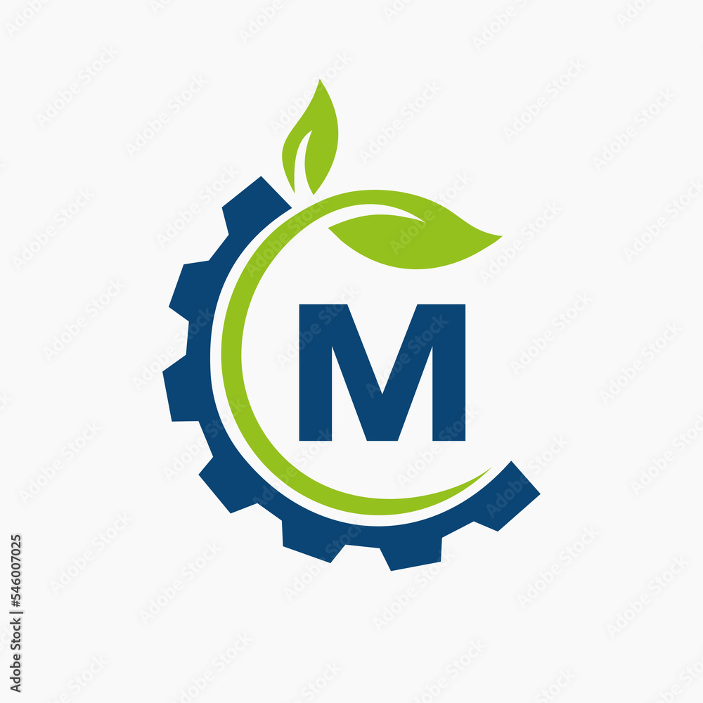 Letter M Gear Leaf Logo Design Vector Template. Leaf And Gear Symbol ...