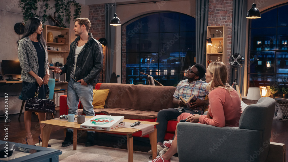 Television Sitcom about Two Couples. Four Diverse Friends Talking in Living Room, Deciding to Go Out. Clever Dialogue Comedy Sketch. Show Broadcasting on Network Channel, On Demand Streaming Service.