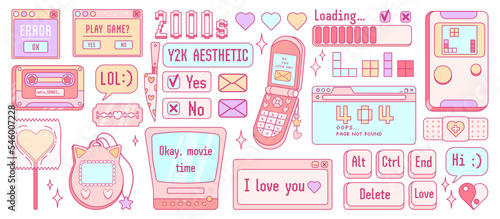Big cute sticker pack in trendy retro y2k style. Gamer kawaii elements set. Old game technology. Glamour 2000s. Nostalgia for 1990s -2000s.