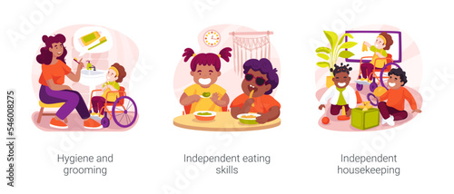 Children with disabilities self-care skills isolated cartoon vector illustration set