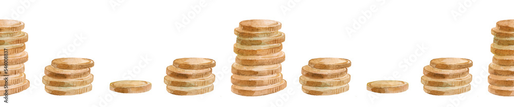 Watercolor seamless pattern golden coin. Money symbol. Stacks of metal coins. Treasure. Hand drawn illustration on white background. Watercolor seamless pattern golden coin. Money symbol. Stacks of metal coins. Treasure. Hand drawn illustration on white background.