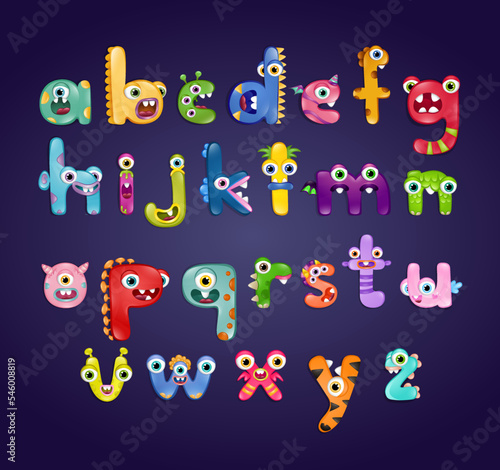 Monster alphabet with small letters on dark blue background. Colourful ABC of different cute monsters 