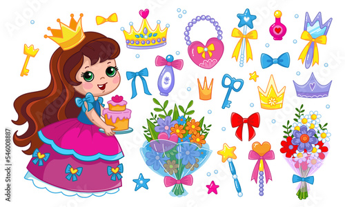 A little princess in a pink fluffy dress is holding a cake. Set of accessories, bags, crown, bouquet of flowers, beads, jewelry, perfume, cosmetics, mirror. Isolate vector illustration.