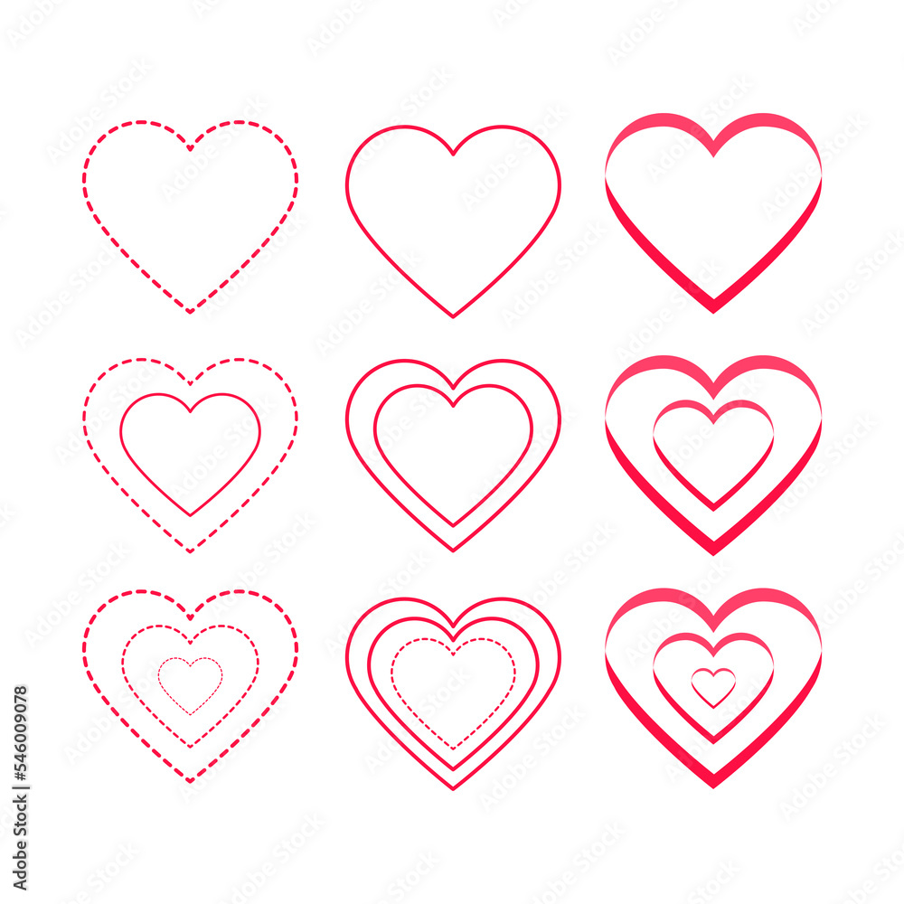 Set of red hearts on a white background.
