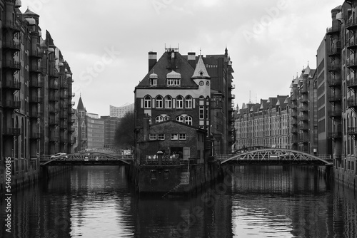 Moated castle in the historic warehouse district in Hamburg