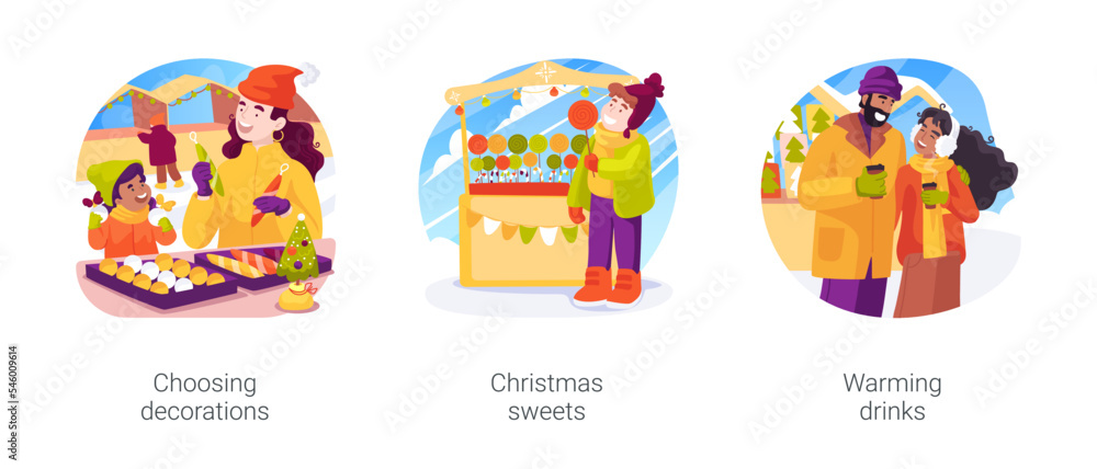 Christmas market isolated cartoon vector illustration set