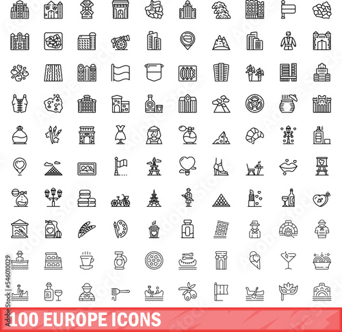 100 europe icons set. Outline illustration of 100 europe icons vector set isolated on white background