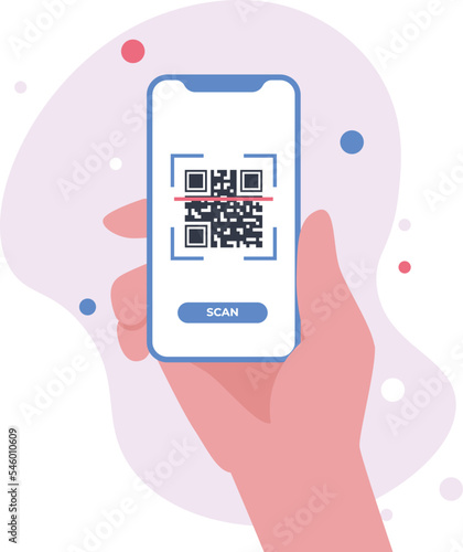 QR code scan with smartphone in a hand. Barcode for payment, E wallet , cashless technology concept. Mobile phone scanning QR-code. Verification. Vector illustration.