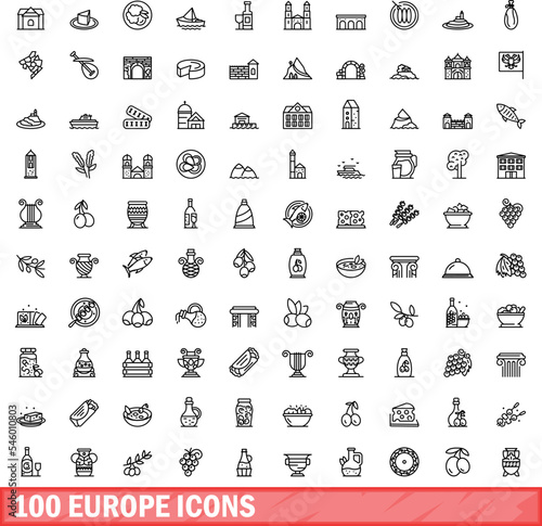 100 europe icons set. Outline illustration of 100 europe icons vector set isolated on white background