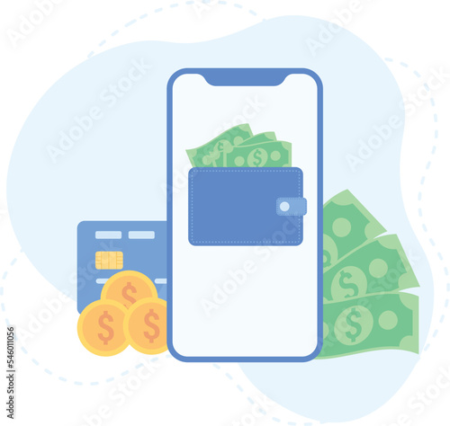 Online payment and digital bill concept. Mobile banking app and payment by credit card. Hand holding phone with money and wallet illustration.