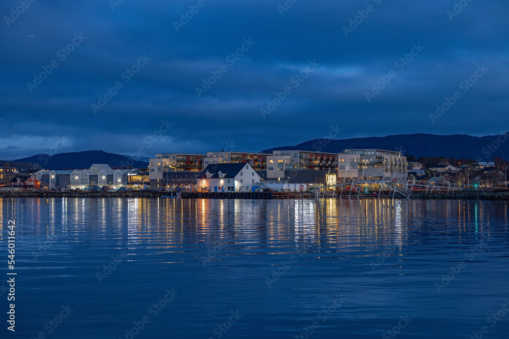 After sunset in Brønnøysund harbour, Helgeland, Norway, Europe

