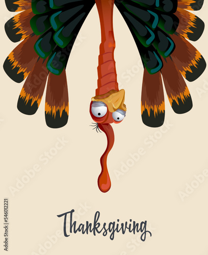 Happy Thanksgiving greeting card with funny turkey with bright feathers and beautiful tail
