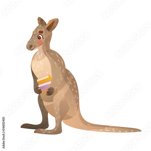 Charming wallaby with a books in his bag. Animals read.  Educational illustration for children. Cartoon cute animal