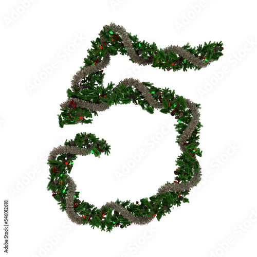 Christmas wreath with lights and girland typeface text the character 5