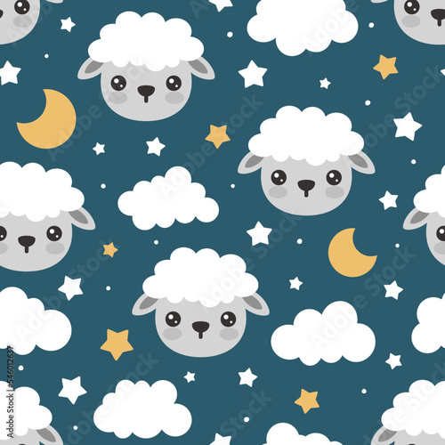 Cute sheep face with yellow and white stars, moon and clouds on a deep blue background. Kids sky pajama print design, fabric and textile.