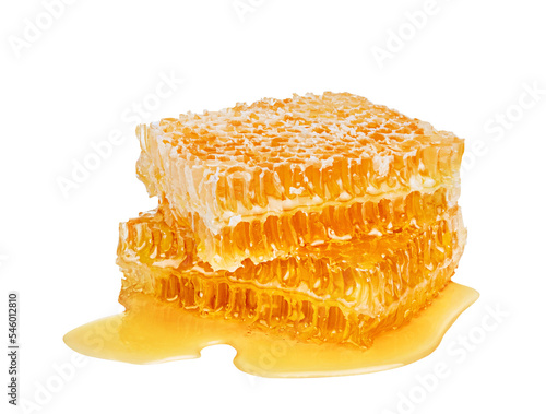 Honey isolated on white or transparent background. Two pieces of honeycomb