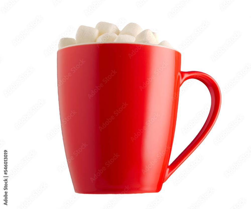 Red cup of cocoa with marshmallow, Christmas mug isolated on white background. Xmas or traditional christmas concept