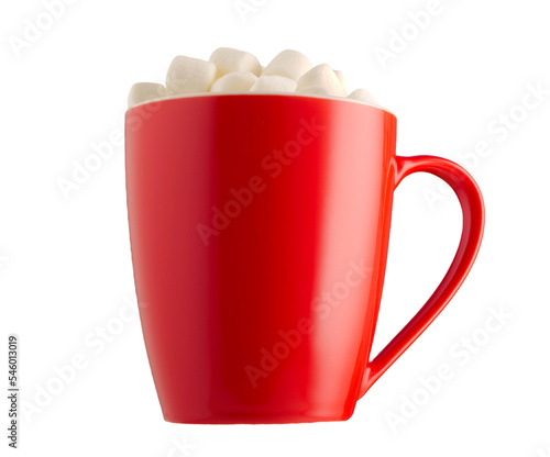 Obraz na płótnie Red cup of cocoa with marshmallow, Christmas mug isolated on white background. Xmas or traditional christmas concept w salonie