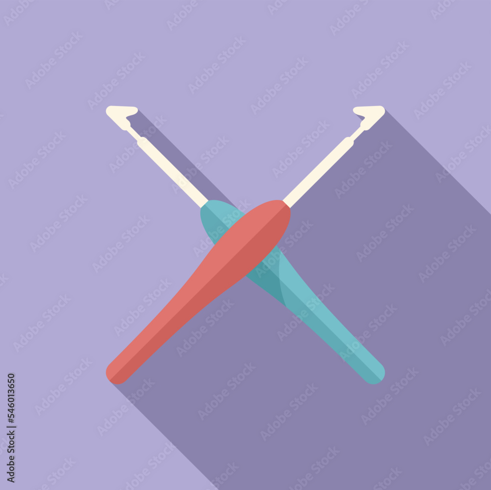 Crossed knit hook icon flat vector. Wool scarf. Thread ball Crossed knit hook icon flat vector. Wool scarf. Thread ball