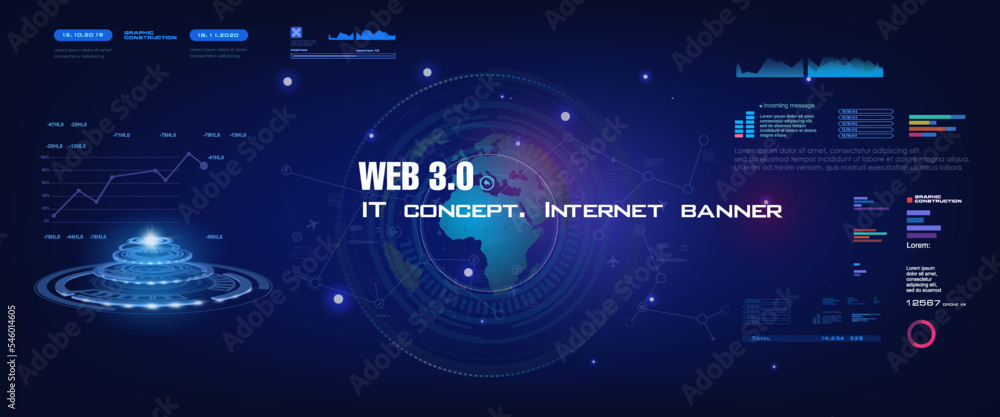 Web 3.0 Conceptual cyber banner with information exchange process using next generation internet. Unique Internet network Internet 3.0 Communication of the future. Blockchain technology