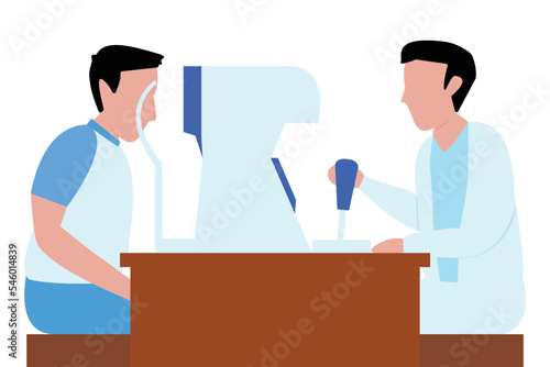 Illustration of Ophthalmologist doctor examining patient eyesight with ophthalmological equipment design flat isolated vector on white background