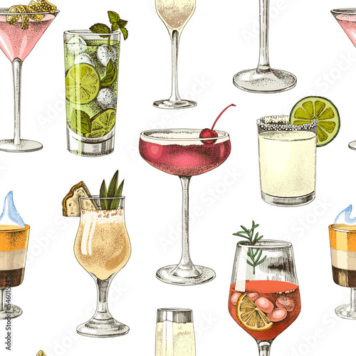Seamless pattern with alcohol cocktails.