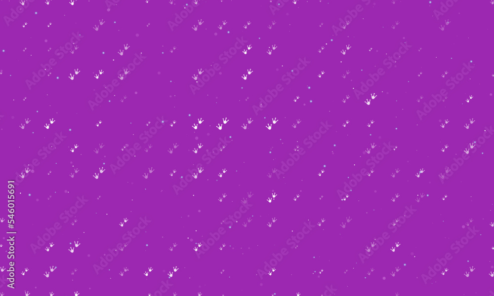 Seamless background pattern of evenly spaced white frog tracks symbols of different sizes and opacity. Vector illustration on purple background with stars