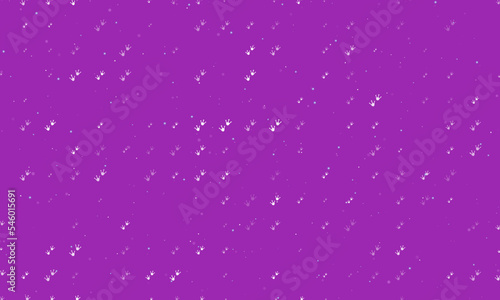 Seamless background pattern of evenly spaced white frog tracks symbols of different sizes and opacity. Vector illustration on purple background with stars