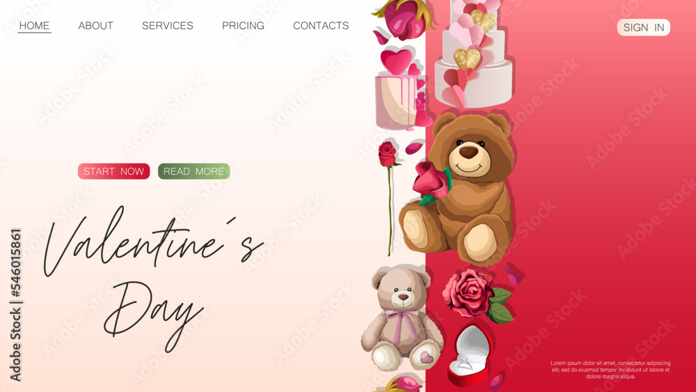 Fototapeta premium Website design template. Happy Valentine's day, shop, web concept. Teddy bears, gifts, roses isolated on dark. Vector illustration for poster, banner, website, advertising