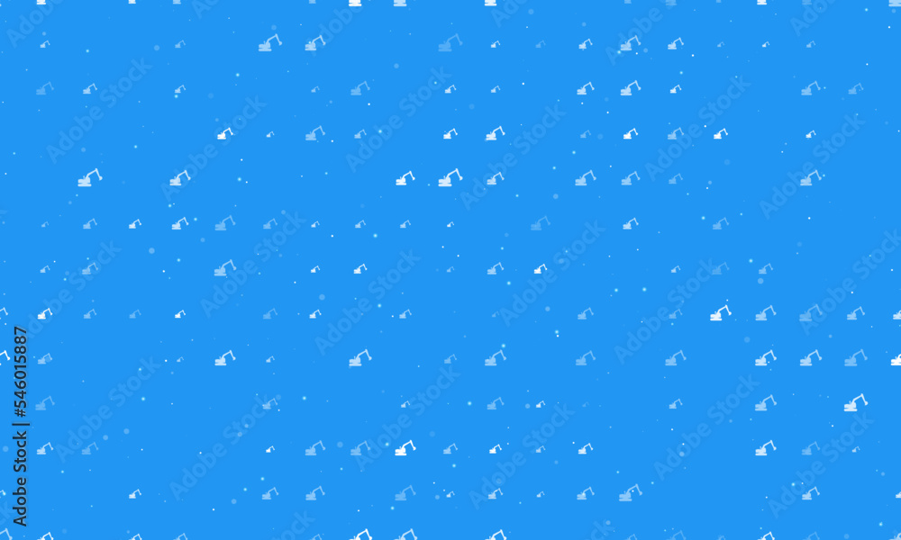 Seamless background pattern of evenly spaced white excavator symbols of different sizes and opacity. Vector illustration on blue background with stars Seamless background pattern of evenly spaced white excavator symbols of different sizes and opacity. Vector illustration on blue background with stars