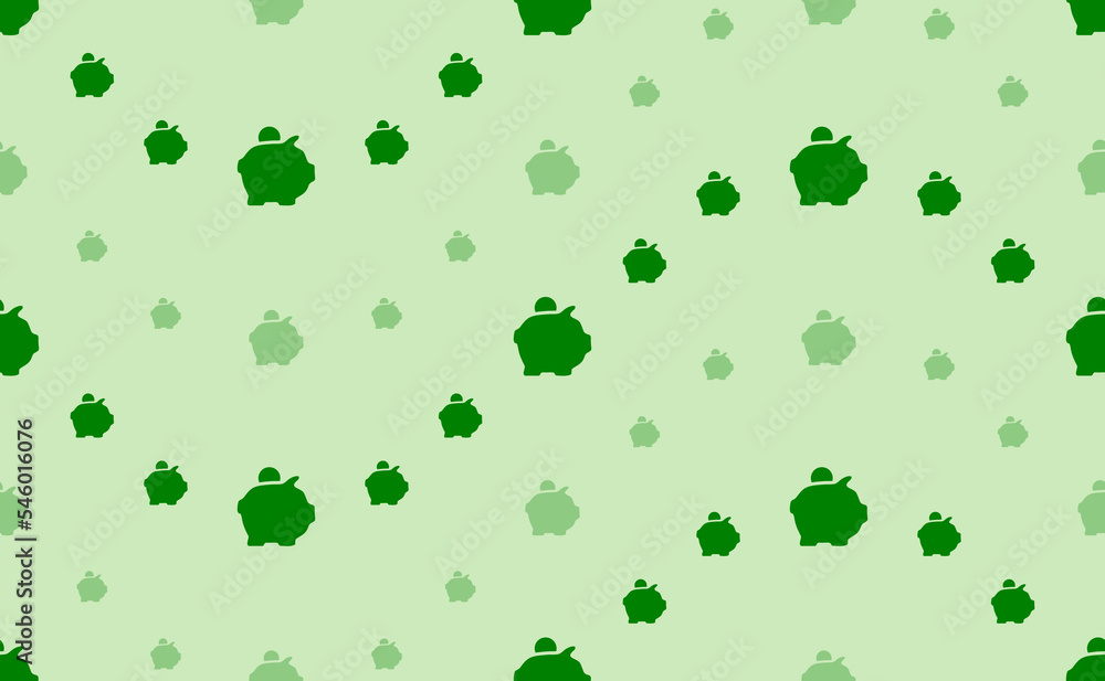 Seamless pattern of large and small green piggy bank symbols. The elements are arranged in a wavy. Vector illustration on light green background