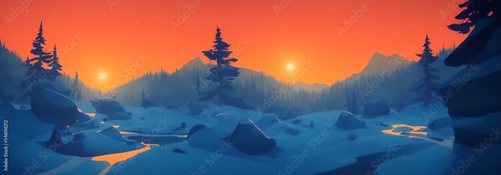 AI-Generated Image of a Winter Mountain Sunset Landscape Banner