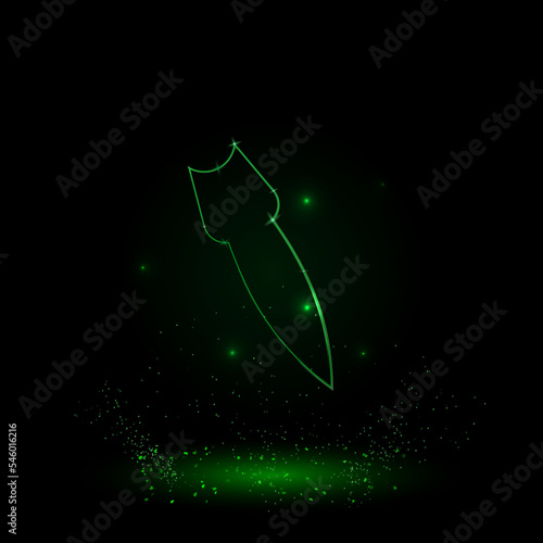 A large green outline falling rocket symbol on the center. Green Neon style. Neon color with shiny stars. Vector illustration on black background