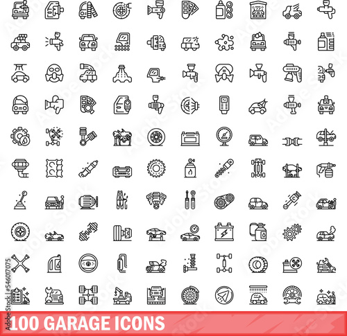 100 garage icons set. Outline illustration of 100 garage icons vector set isolated on white background
