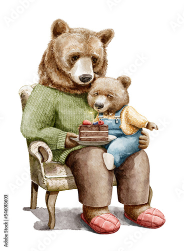 Watercolor vintage little bear son sits on father lap on armchair and blows out candle on pease of Birthday cake isolated on white background. Hand drawn illustration sketch photo