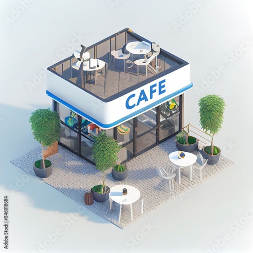 Beautiful illustrated diorama of cartoon cafe isolated on white background, ai generated 