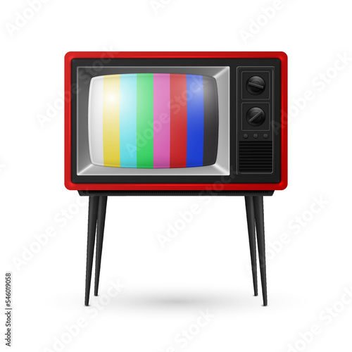 Vector 3d Realistic Red Retro Striped Screen TV Receiver Isolated on White Background. Home Interior Design Concept. Vintage TV Set, Television, Front View