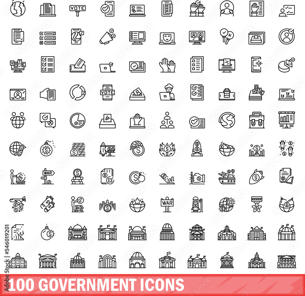 100 government icons set. Outline illustration of 100 government icons vector set isolated on white background 100 government icons set. Outline illustration of 100 government icons vector set isolated on white background