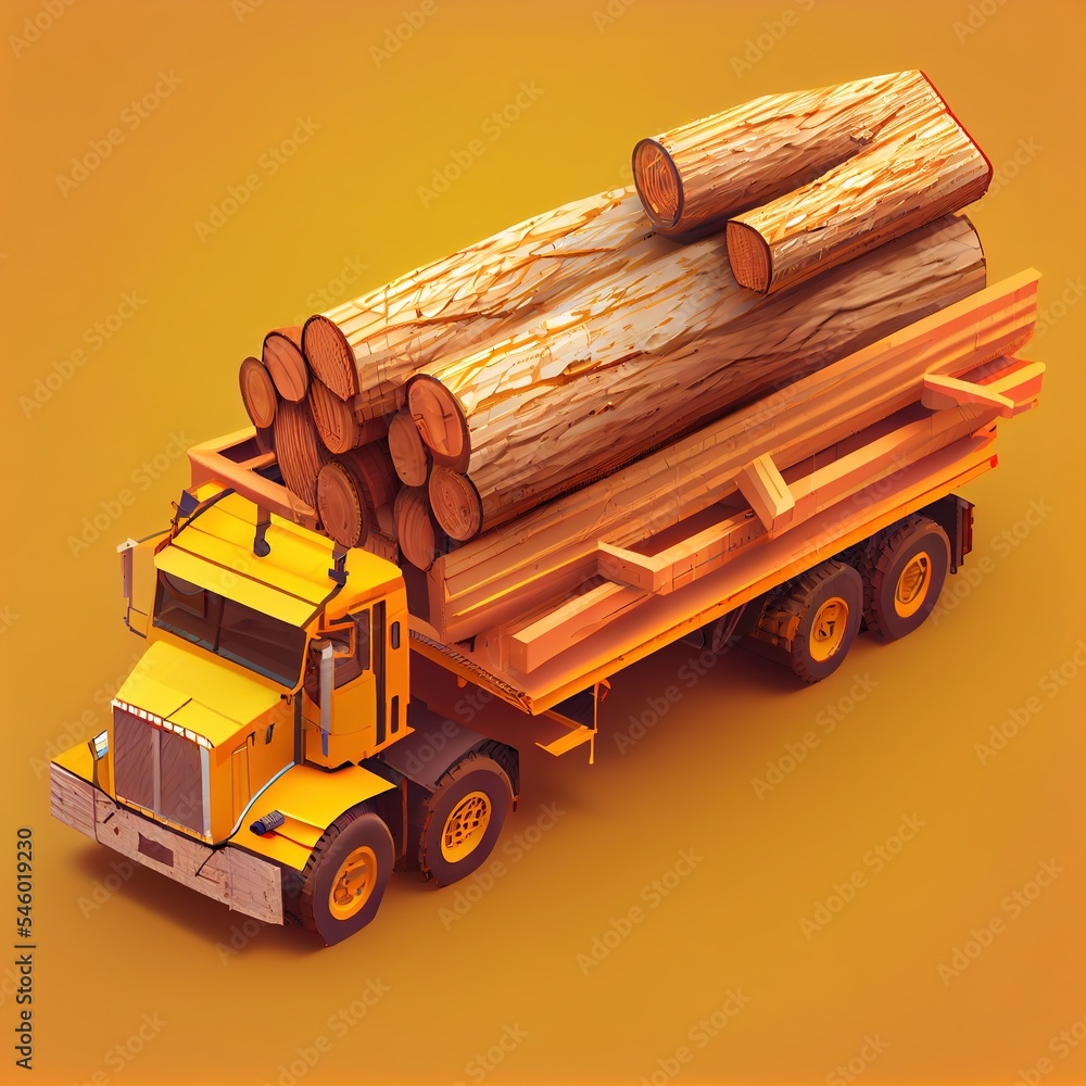 Cartoon isometric timber carrier truck isolated on yellow background