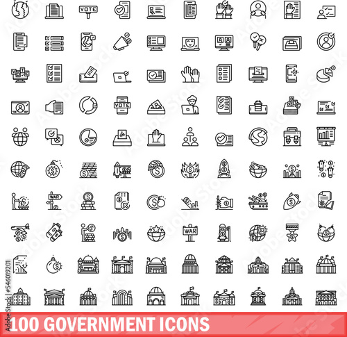 100 government icons set. Outline illustration of 100 government icons vector set isolated on white background