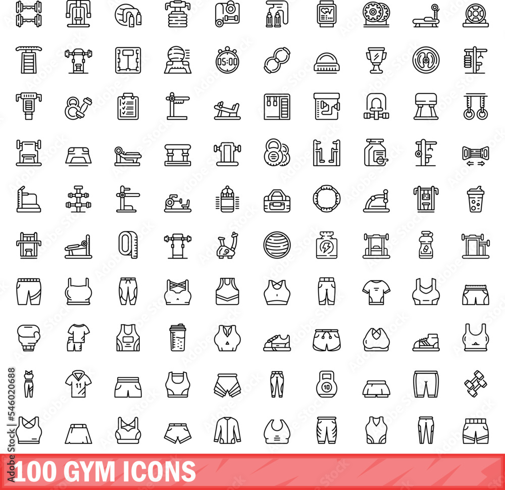 100 gym icons set. Outline illustration of 100 gym icons vector set isolated on white background 100 gym icons set. Outline illustration of 100 gym icons vector set isolated on white background