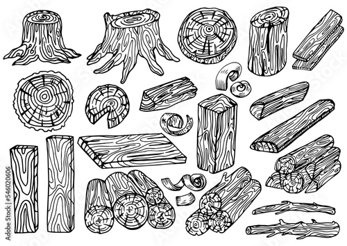 Wood set. Planks and logs, lumber and Cuts, Firewood in vintage style. Pieces of Tree. Vector illusion for signboard, labels, logo or banner. Campfire material. Engraved Hand drawn sketch.