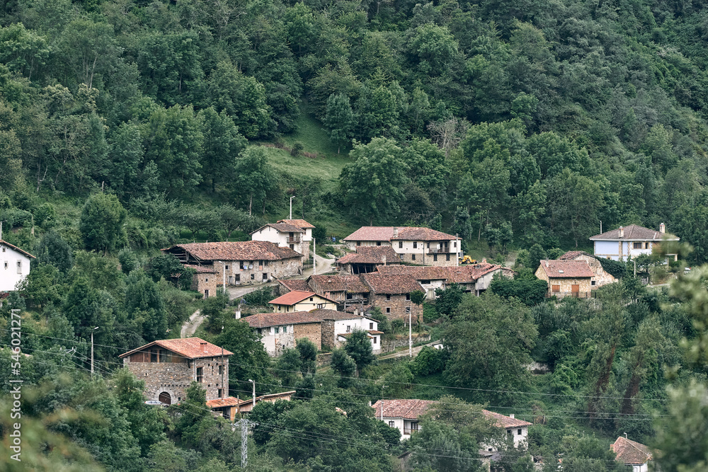 small quiet village with lampposts and old stone houses and brown roofs in the middle of the road next to the forest, ruta del cares asturias, spain