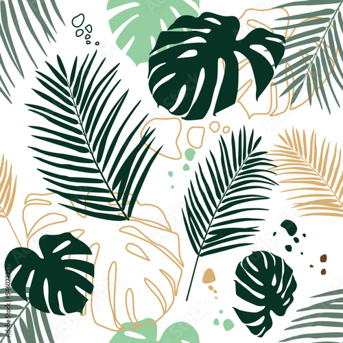 Tropical leaves. Palm and monstera. Exotic botanical background design for wallpaper, packaging, cosmetics, spa, wrapping paper, textile, shirt in Hawaiian style