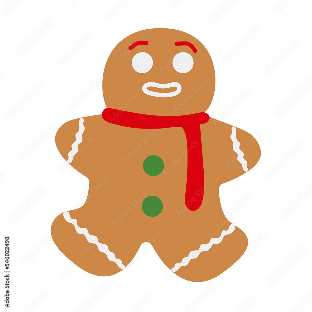 Obraz premium Simple flat yammy brown ginger man cookie with white icing in a red scharf and green buttoms