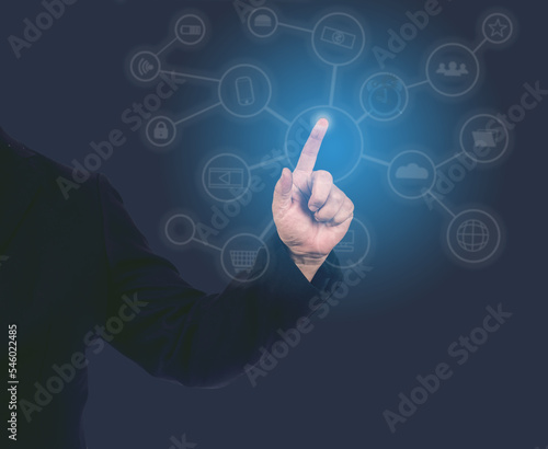 Businessman hand pointing finger to social media diagram.