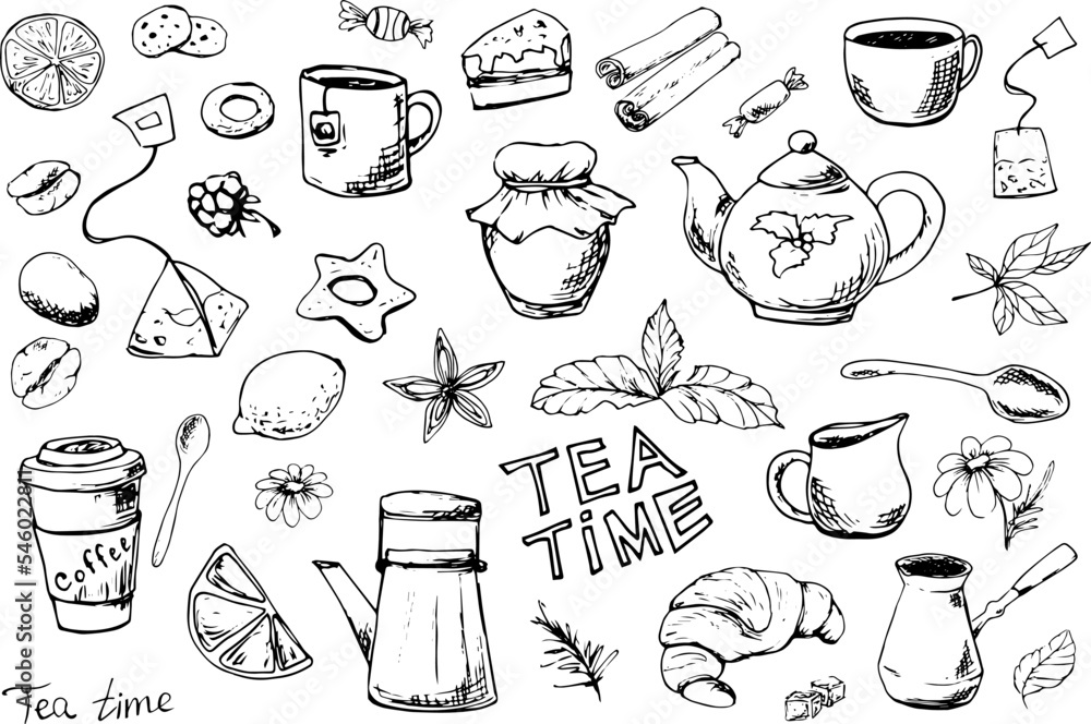 Drawn tea doodle. Tea. Coffee. Food and drinks. Cafe. Dessert. Bakery products. Set of elements for decor. A cup. Kettle. Croissant. Mint. Honey. Lemon.