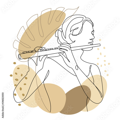 Silhouette of a beautiful woman with a flute and a leaf of a plant in a modern continuous line style. Flutist, slender. Outline decor, posters, stickers, logo. Vector illustration.